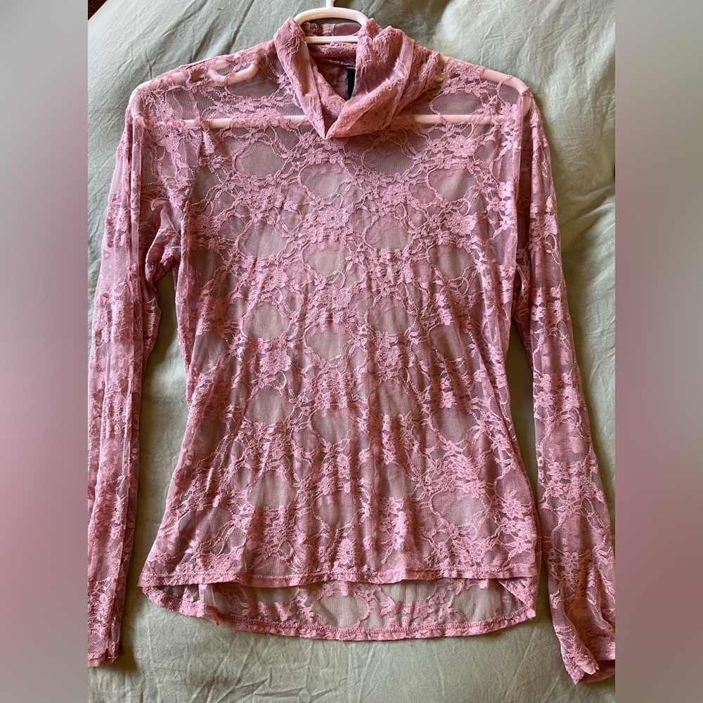 Pink sheer lace long sleeve turtle neck top